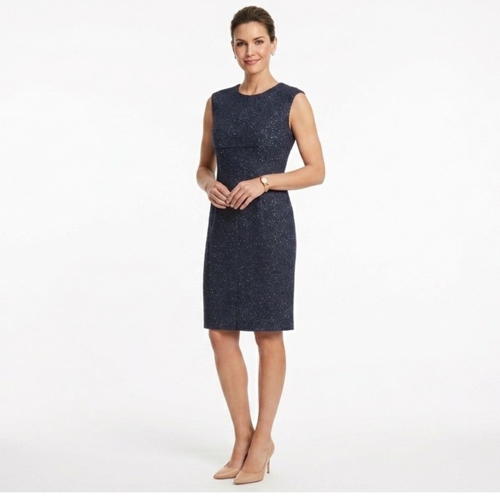 St John Sheath Dress Womens 12 Navy Blue Sequin Knit Sleeveless Gala - Picture 6 of 6